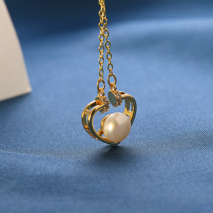Collar De Corazón Cobre Baño de Oro 14K Con Perla En El Centro