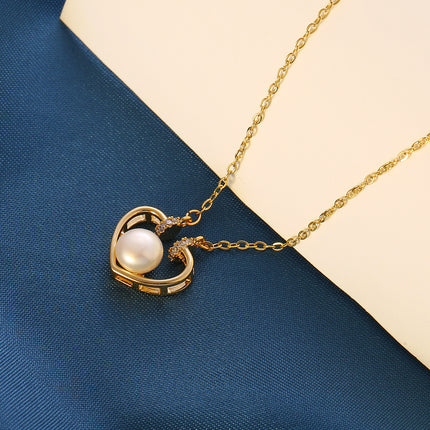 Collar De Corazón Cobre Baño de Oro 14K Con Perla En El Centro