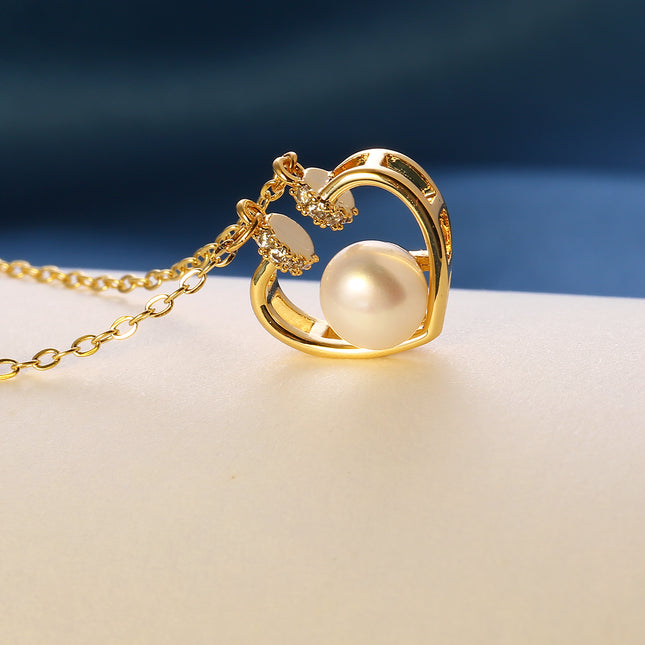 Collar De Corazón Cobre Baño de Oro 14K Con Perla En El Centro