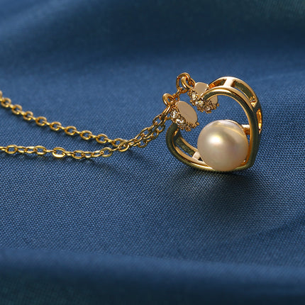 Collar De Corazón Cobre Baño de Oro 14K Con Perla En El Centro