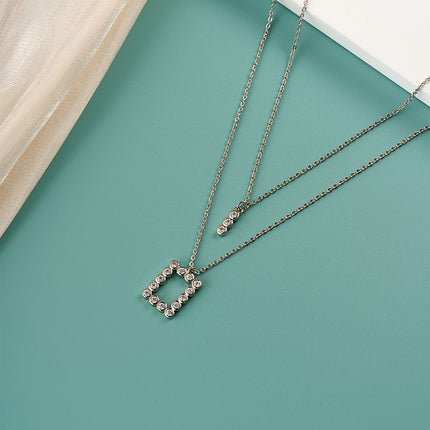 Collar Cobre De Doble Capa Con Colgante Rectangular Y Largo Con Circonitas