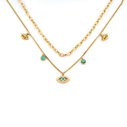 Collar De Doble Capa Con Ojo De Demonio Y Turquesa Acero De Titanio