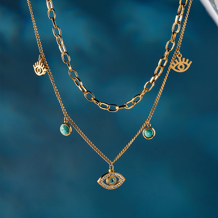 Collar De Doble Capa Con Ojo De Demonio Y Turquesa Acero De Titanio