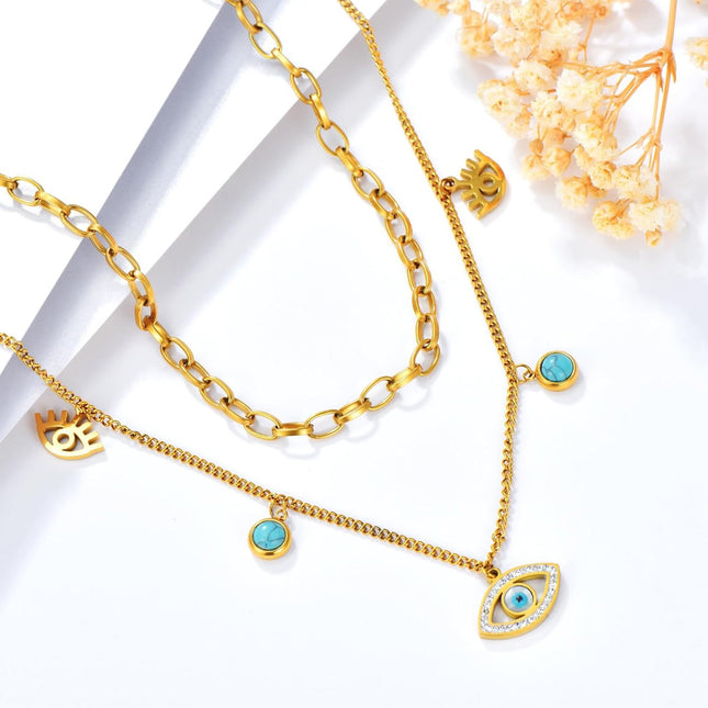 Collar De Doble Capa Con Ojo De Demonio Y Turquesa Acero De Titanio