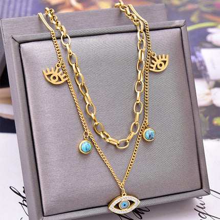 Collar De Doble Capa Con Ojo De Demonio Y Turquesa Acero De Titanio