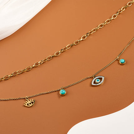 Collar De Doble Capa Con Ojo De Demonio Y Turquesa Acero De Titanio