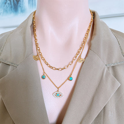 Collar De Doble Capa Con Ojo De Demonio Y Turquesa Acero De Titanio