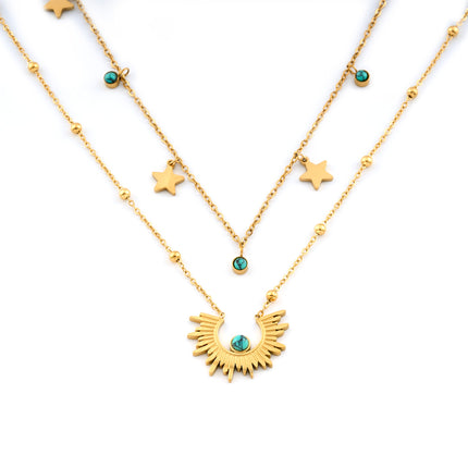 Collares De Doble Capa Estilo Vintage Sol Turquesa Chapados En Oro De 18k