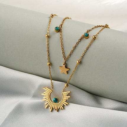 Collares De Doble Capa Estilo Vintage Sol Turquesa Chapados En Oro De 18k
