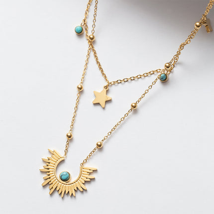 Collares De Doble Capa Estilo Vintage Sol Turquesa Chapados En Oro De 18k