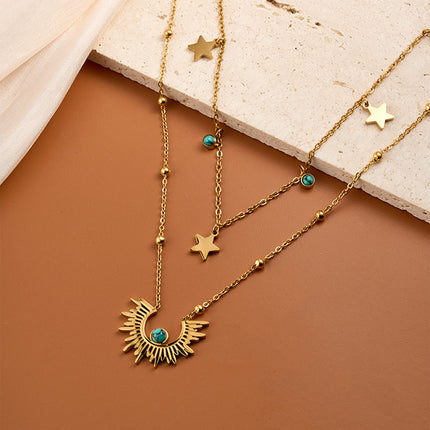 Collares De Doble Capa Estilo Vintage Sol Turquesa Chapados En Oro De 18k