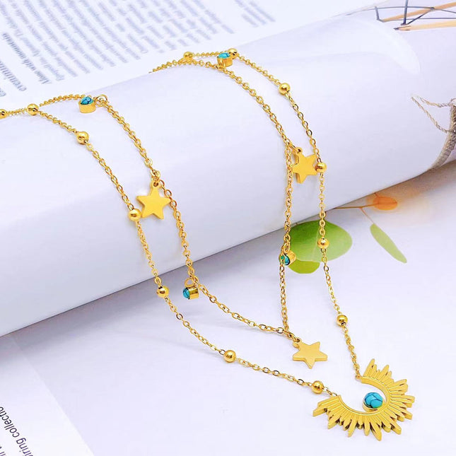 Collares De Doble Capa Estilo Vintage Sol Turquesa Chapados En Oro De 18k