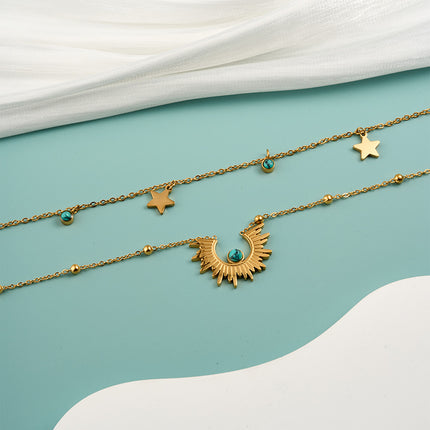 Collares De Doble Capa Estilo Vintage Sol Turquesa Chapados En Oro De 18k