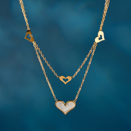 Collar De Corazón Doble Capa Acero Titanio Chapado En Oro De 18k Dulce