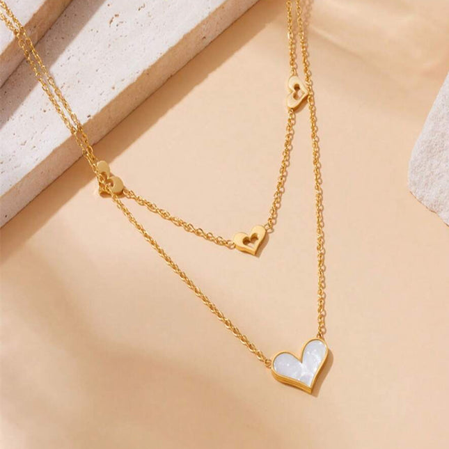 Collar De Corazón Doble Capa Acero Titanio Chapado En Oro De 18k Dulce