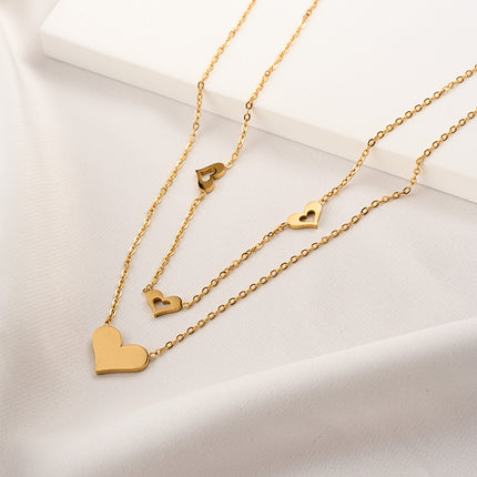 Collar De Corazón Doble Capa Acero Titanio Chapado En Oro De 18k Dulce