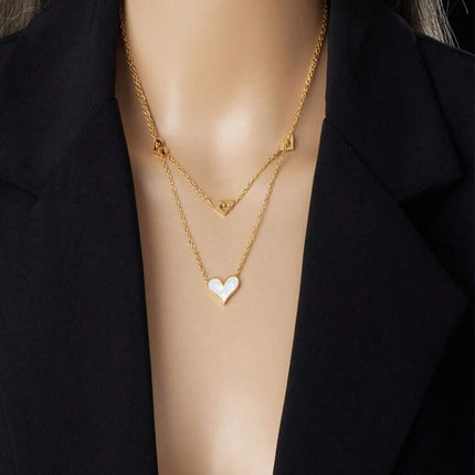 Collar De Corazón Doble Capa Acero Titanio Chapado En Oro De 18k Dulce