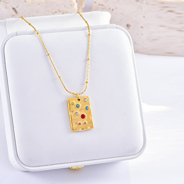 Collar Colgante Retro Cuadrado Embutido Circón Acero Titanio