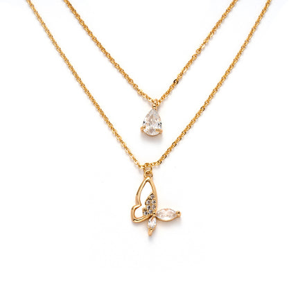 Collares Multicapas Cobre Con Colgante De Mariposa Y Gota De Circonita