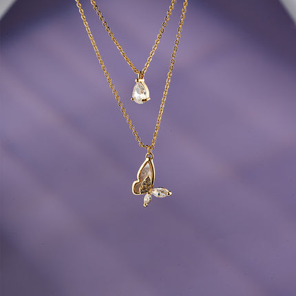 Collares Multicapas Cobre Con Colgante De Mariposa Y Gota De Circonita