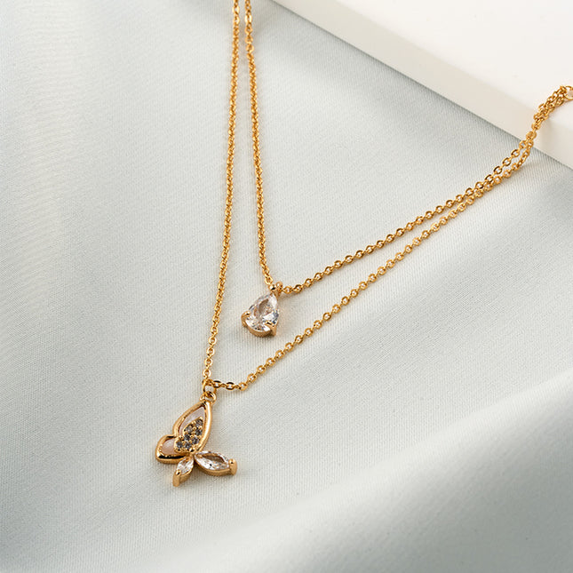 Collares Multicapas Cobre Con Colgante De Mariposa Y Gota De Circonita