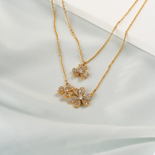 Collar De Doble Capa Con Trébol De Cobre Chapado En Oro 14K Diseño Moderno