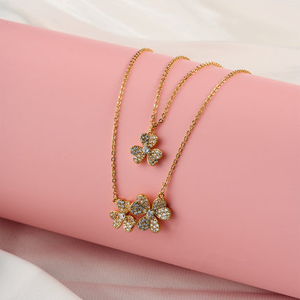 Collar De Doble Capa Con Trébol De Cobre Chapado En Oro 14K Diseño Moderno