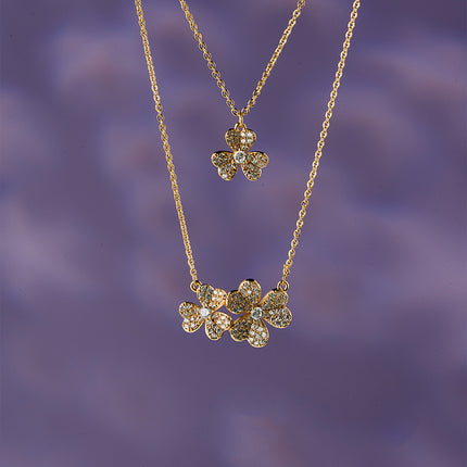 Collar De Doble Capa Con Trébol De Cobre Chapado En Oro 14K Diseño Moderno