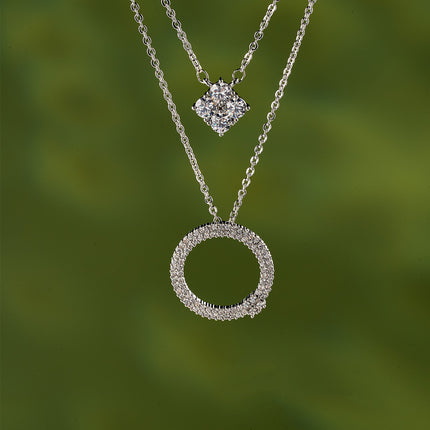 Collar Cobre De Doble Capa Con Círculo Y Cubo De Circonita, Estilo Moderno