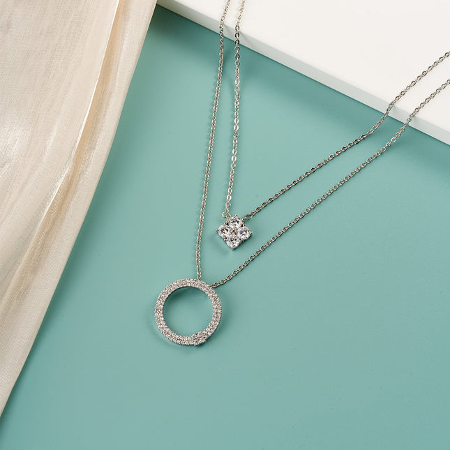 Collar Cobre De Doble Capa Con Círculo Y Cubo De Circonita, Estilo Moderno