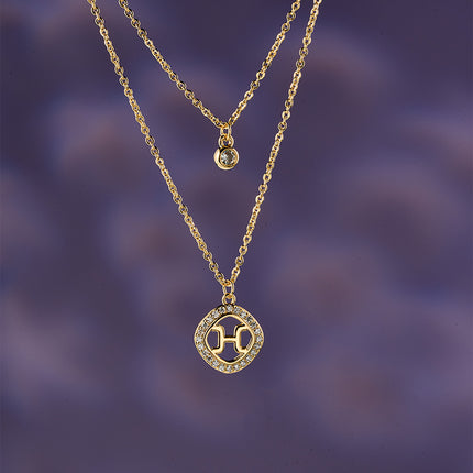 Collar De Doble Capa Con Colgante H Con Circonitas, 14K Oro Y Cobre
