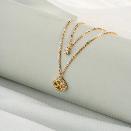 Collar De Doble Capa Con Colgante H Con Circonitas, 14K Oro Y Cobre