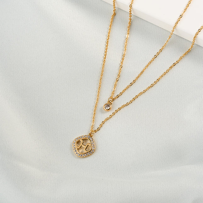 Collar De Doble Capa Con Colgante H Con Circonitas, 14K Oro Y Cobre