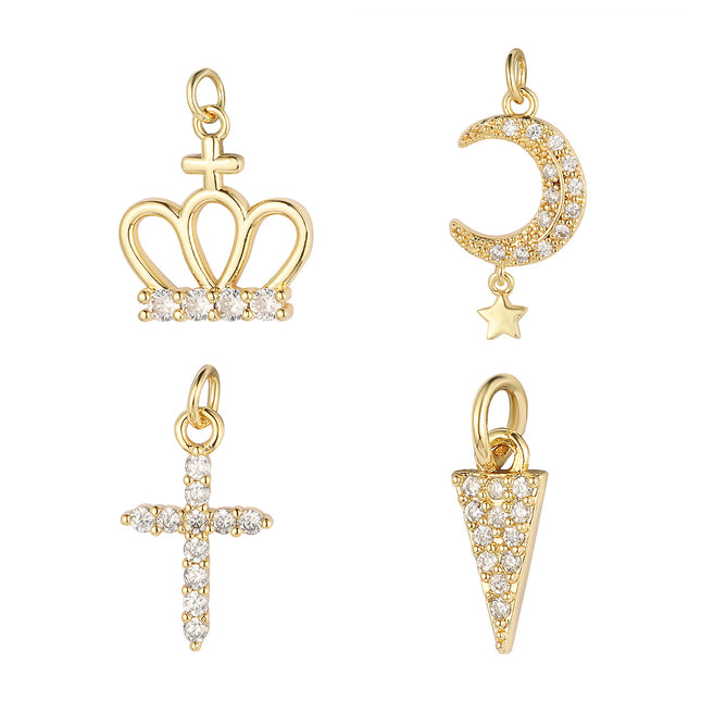 4PCS Set Colgantes De Cobre Con Zirconia: Corona, Luna, Cruz, Triángulo