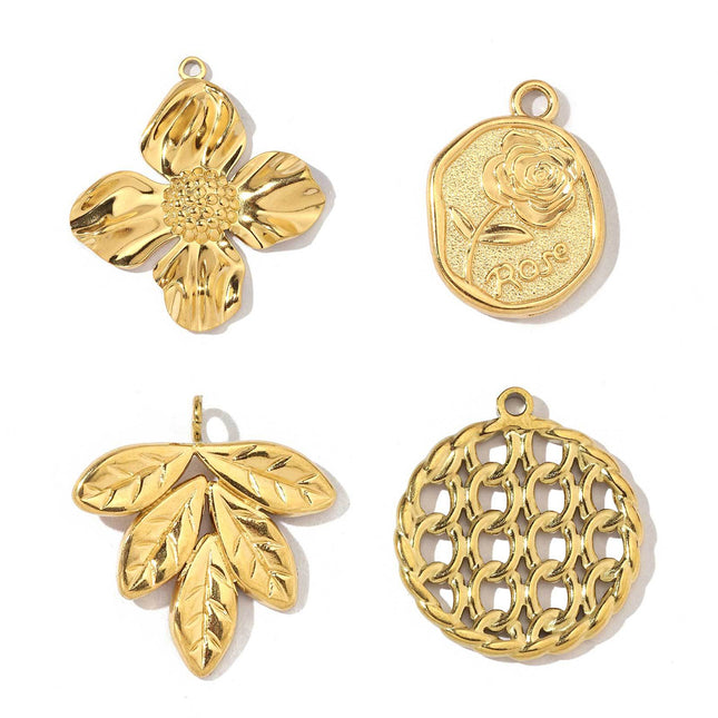 4PCS Kit Colgantes De Acero Inoxidable: Flor, Hoja, Diseño Calado Y Rosa