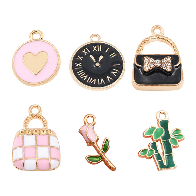 6PCS Set Colgantes En Aleación Con Diseños De Reloj, Bolso, Bambú Y Más