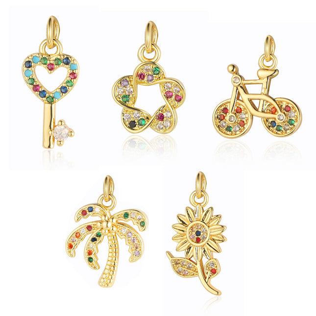 5PCS Kit Colgantes De Cobre Con Zirconia: Flor, Palma, Llave y Bicicleta
