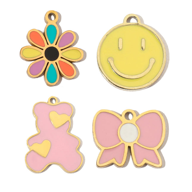 4PCS Kit De Colgantes De Acero De Titanio: Flor, Sonrisa, Oso Y Mariposa