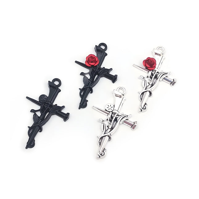 4PCS Set De Colgantes Elegantes: Cruz Con Rosa En Negro Y Plata