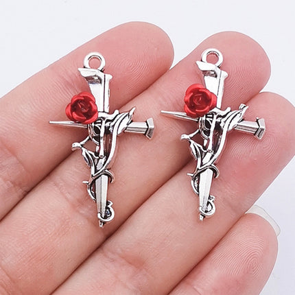 4PCS Set De Colgantes Elegantes: Cruz Con Rosa En Negro Y Plata