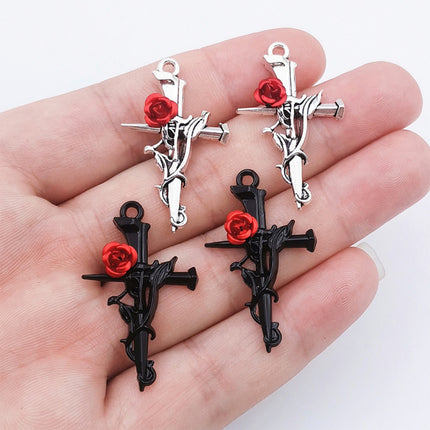 4PCS Set De Colgantes Elegantes: Cruz Con Rosa En Negro Y Plata