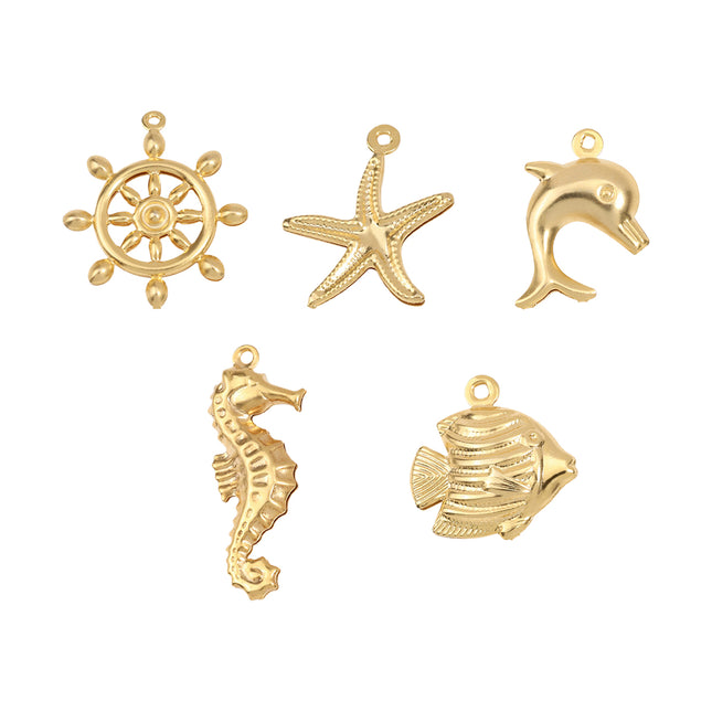 5pcs Set Colgantes Dorados, Serie Oceánica, Acero Inoxidable