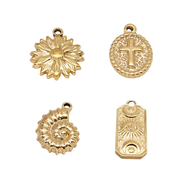 4PCS Set Colgantes de Acero Inoxidable Estilo Retro con Flores y Geometría