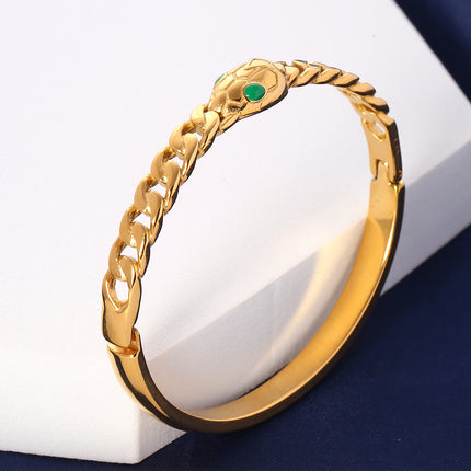 Pulsera De Acero Con Cadena Torcida Y Serpiente De Ojos Verdes