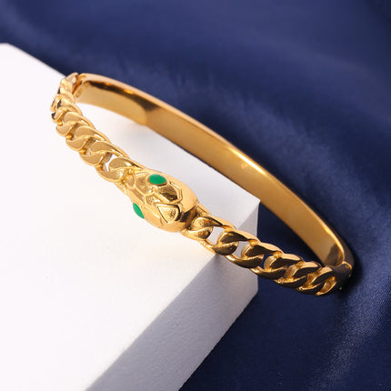 Pulsera De Acero Con Cadena Torcida Y Serpiente De Ojos Verdes