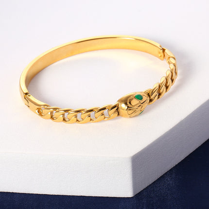 Pulsera De Acero Con Cadena Torcida Y Serpiente De Ojos Verdes