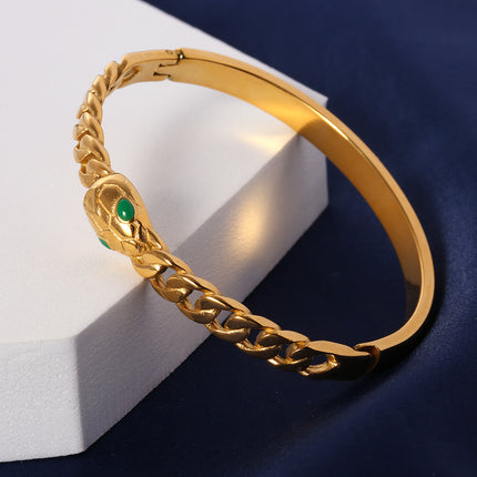 Pulsera De Acero Con Cadena Torcida Y Serpiente De Ojos Verdes