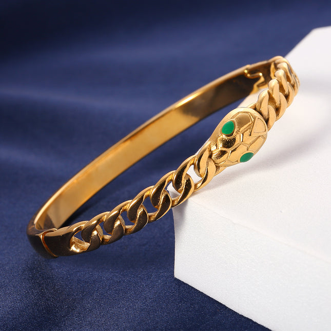 Pulsera De Acero Con Cadena Torcida Y Serpiente De Ojos Verdes