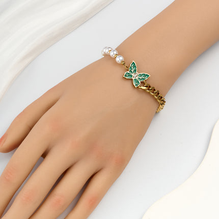 Pulsera Con Diseño De Mariposa Verde Y Perlas Vintage De Cobre Chapado En Oro 14K