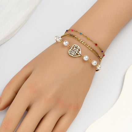 Pulsera Con Diseño De Tres Capas En Corazón Y Perlas De Cobre Chapado En Oro 14K